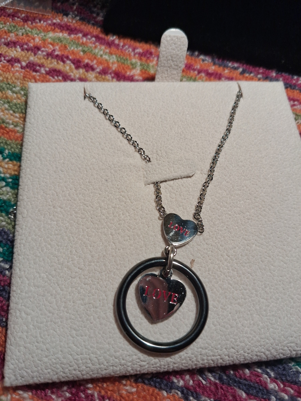 Silver-Tone & Black Ceramic "LOVE" Heart Pendant Necklace